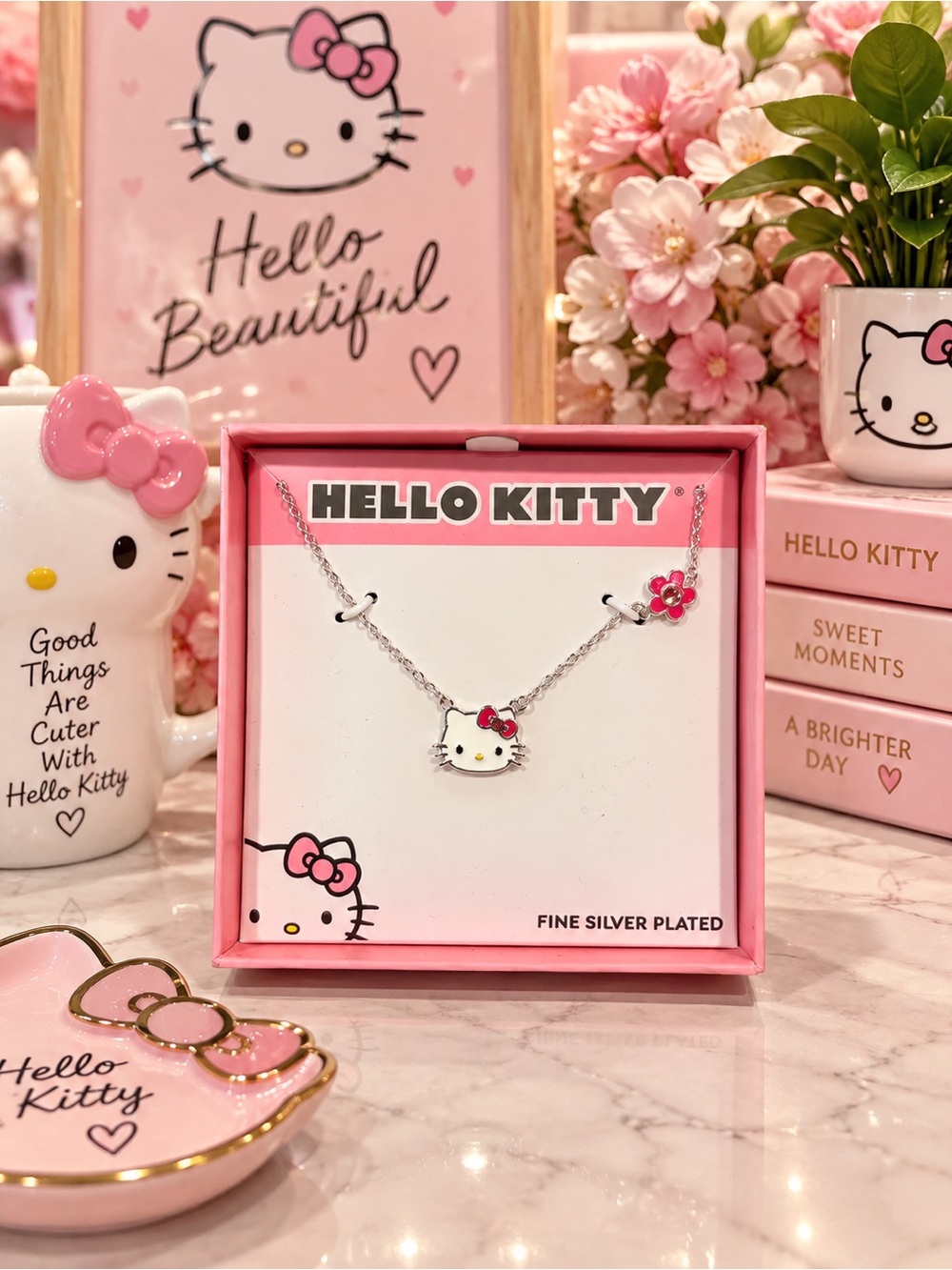 Hello Kitty by Sanrio Fine Silver Plated Pendant Necklace W/ Pink Flower NIB NWT